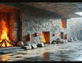 Conceptual illustration showcasing OSHA fire safety standards applied to the architecture of a natural stone building, featuring visual elements like fire extinguishers, protective gear, and fire-resistant stones.