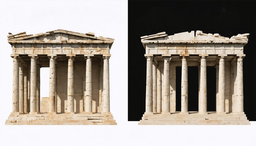 Comparative view showing restored marble columns next to weathered original sections of the Parthenon