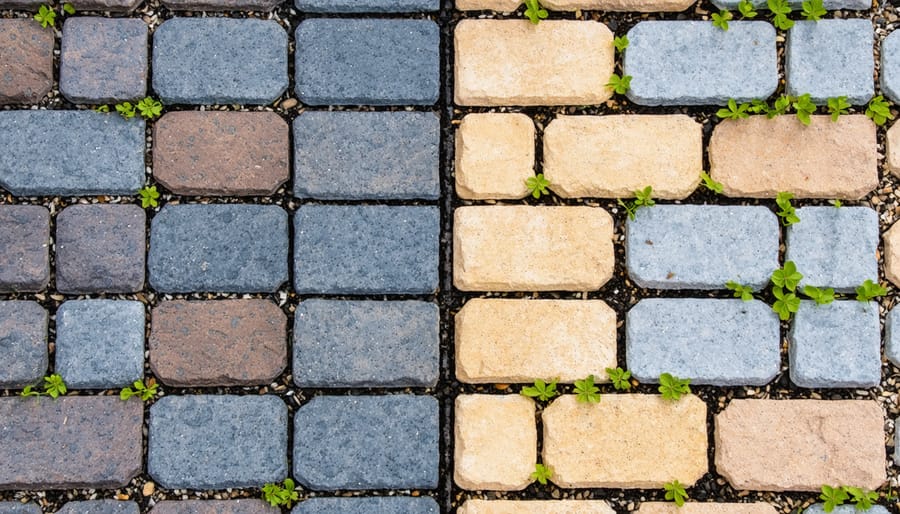A close-up view of paving stones with joints showcasing traditional sand and polymeric sand. Traditional sand appears loose with minor weeds, while polymeric sand is firm and resilient.