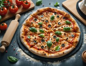 A freshly baked pizza with a crispy crust sits on a baking stone in a rustic kitchen setting, surrounded by scattered flour, a rolling pin, and fresh ingredients such as tomatoes and basil, symbolizing professional artisanal baking.