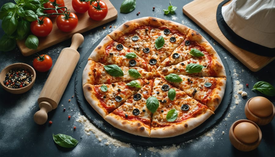 A freshly baked pizza with a crispy crust sits on a baking stone in a rustic kitchen setting, surrounded by scattered flour, a rolling pin, and fresh ingredients such as tomatoes and basil, symbolizing professional artisanal baking.