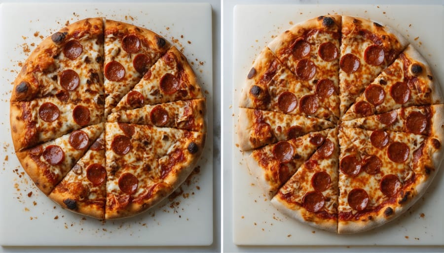 Side-by-side comparison of two pizza crusts: crispy, evenly browned crust from a baking stone next to a paler crust from a regular baking sheet