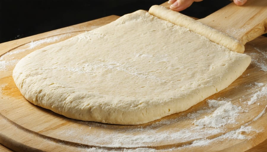 Baker sliding pizza dough from a wooden pizza peel onto a preheated baking stone in the oven
