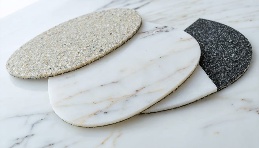 Close-up of a polished quartz countertop with an array of diamond polishing pads ranging from coarse to fine grits, illustrating the transformation process from rough to mirror-like finish.