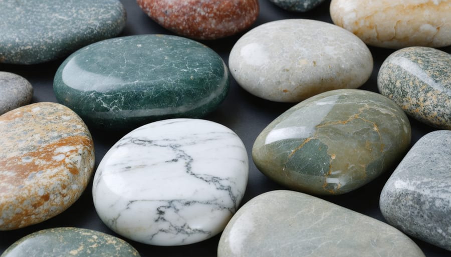 Assortment of smooth, polished stress relief stones in different natural colors and textures