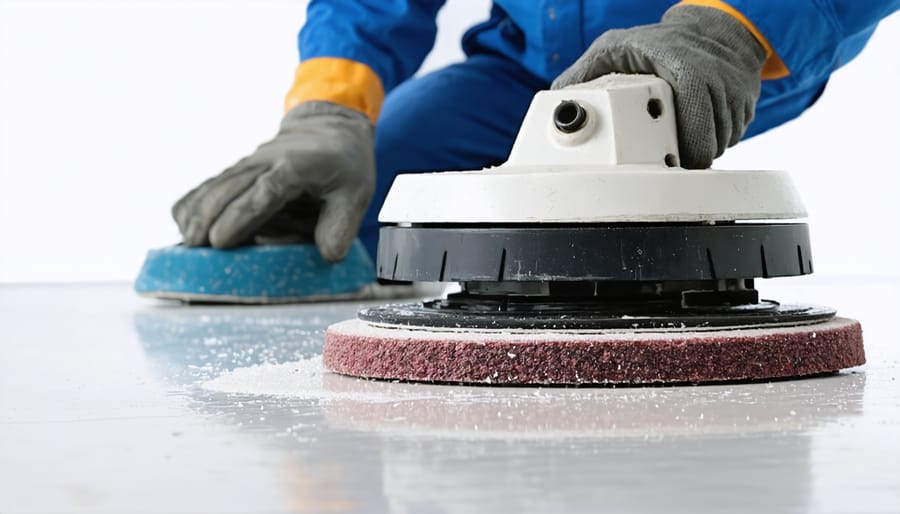 Technician using polishing pad on quartz countertop with correct hand positioning and stance