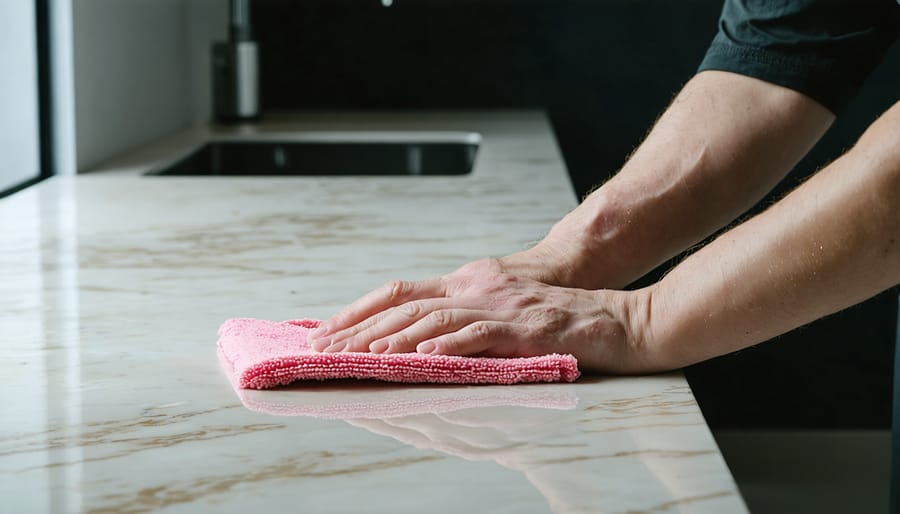 Person demonstrating correct cleaning method for quartz countertop maintenance