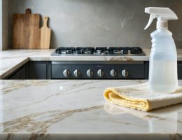 A spotless quartz countertop being cleaned with a soft microfiber cloth and a bottle of pH-neutral cleaner, highlighting the importance of proper maintenance to preserve the surface's shine.