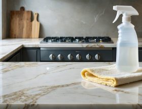 A spotless quartz countertop being cleaned with a soft microfiber cloth and a bottle of pH-neutral cleaner, highlighting the importance of proper maintenance to preserve the surface's shine.