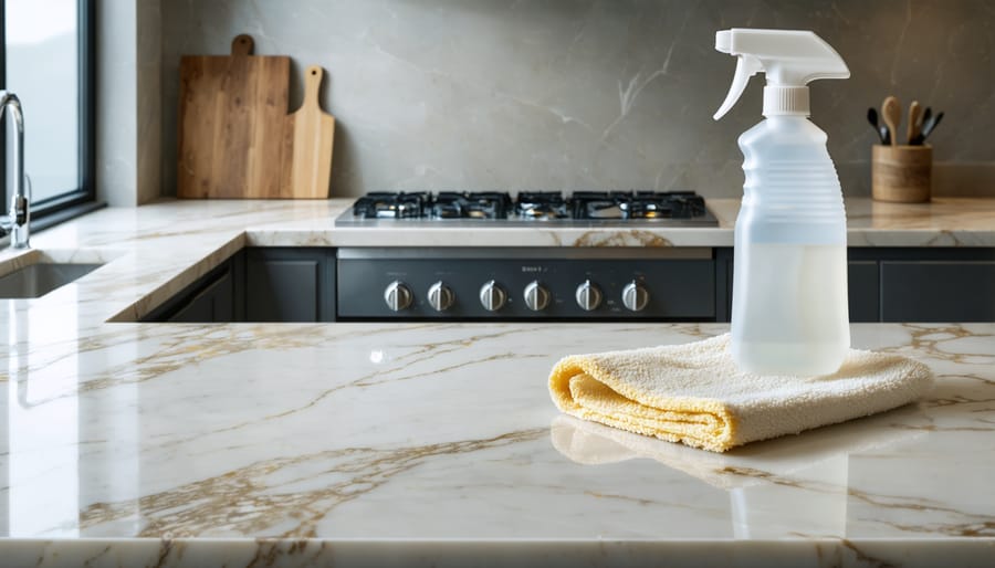 A spotless quartz countertop being cleaned with a soft microfiber cloth and a bottle of pH-neutral cleaner, highlighting the importance of proper maintenance to preserve the surface's shine.