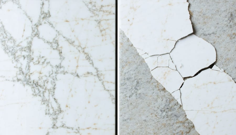 Side-by-side comparison of properly and improperly maintained quartz countertops