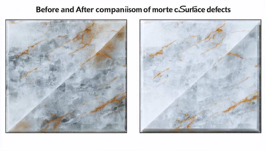 Split image showing quartz surface defects before and after proper polishing pad treatment