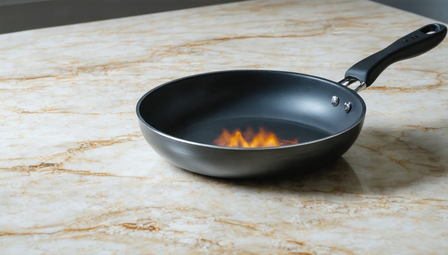 Demonstration of heat damage on quartz countertop from hot cookware