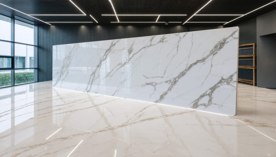 Quartz countertop manufacturing process displaying crushed quartz, resins, and finished surface