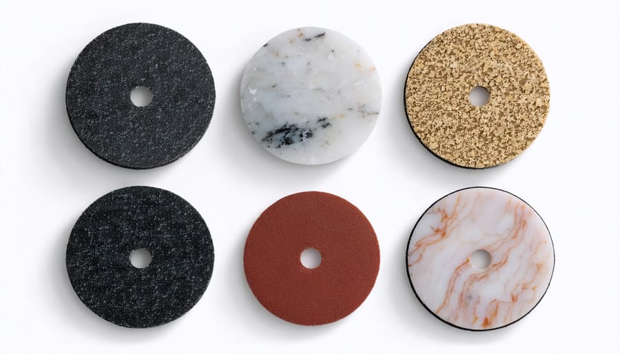 Array of diamond polishing pads ranging from coarse to fine grits, including resin and metal-bonded varieties