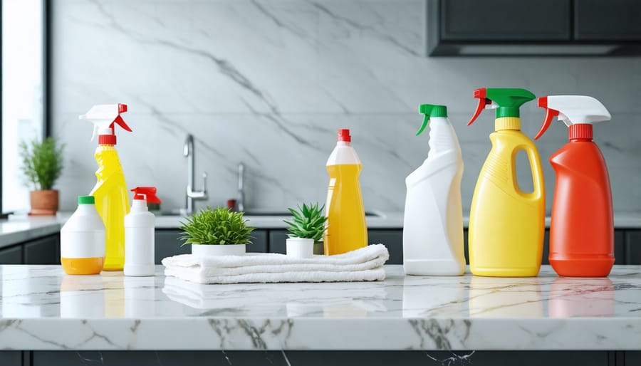 Display of various manufacturer-approved quartz countertop cleaning products