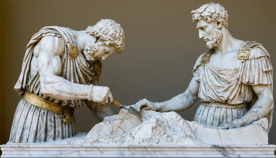 Historical relief showing Roman stonemasons at work with their tools