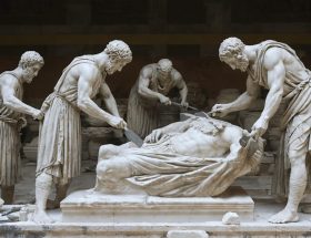 "Ancient Roman sculptors in a workshop, using period-authentic tools to carve a detailed marble statue, showcasing the artistry and techniques of 2nd-century stone craftsmanship."
