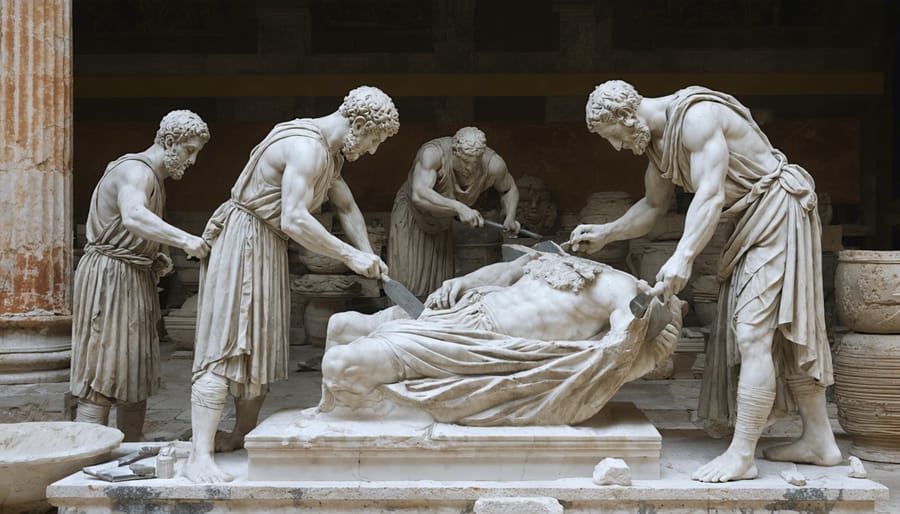 "Ancient Roman sculptors in a workshop, using period-authentic tools to carve a detailed marble statue, showcasing the artistry and techniques of 2nd-century stone craftsmanship."