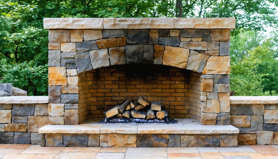 Rustic outdoor fieldstone fireplace with irregular stone patterns and crackling fire