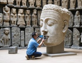 A conservation expert using state-of-the-art 3D scanning technology to document a traditional stone sculpture, symbolizing the fusion of modern technology and ancient craftsmanship in cultural preservation efforts.