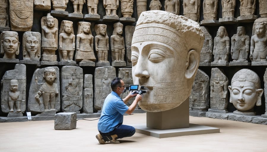 A conservation expert using state-of-the-art 3D scanning technology to document a traditional stone sculpture, symbolizing the fusion of modern technology and ancient craftsmanship in cultural preservation efforts.