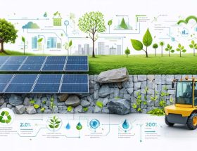 Conceptual image illustrating sustainable stone production with elements of renewable energy, eco-friendly transportation, and digital carbon tracking technologies.