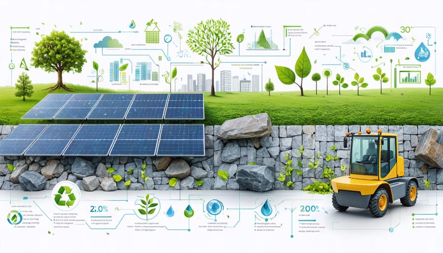 Conceptual image illustrating sustainable stone production with elements of renewable energy, eco-friendly transportation, and digital carbon tracking technologies.