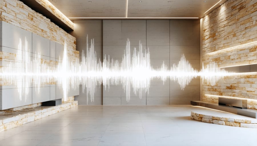 Architectural rendering of sound waves interacting with natural stone acoustic wall treatment