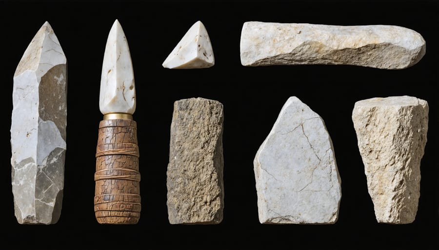 Archaeological display of prehistoric stone carving tools and implements