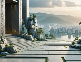 A conceptual image illustrating the fusion of traditional stone craftsmanship with contemporary sustainable architecture, featuring intricate stone patterns and a modern city skyline.