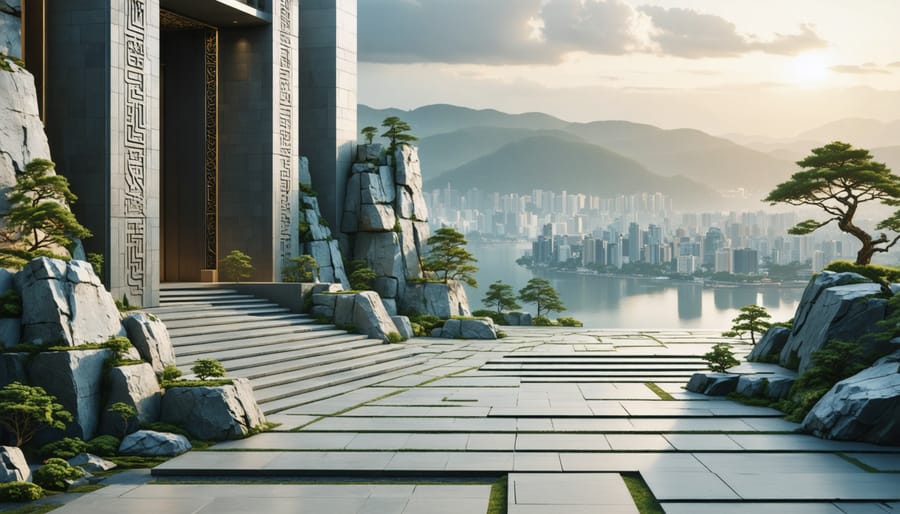 A conceptual image illustrating the fusion of traditional stone craftsmanship with contemporary sustainable architecture, featuring intricate stone patterns and a modern city skyline.