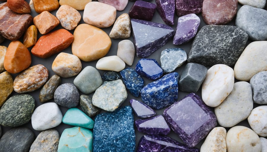 Natural stones arranged in a rainbow-like spectrum showing various colors and their emotional associations