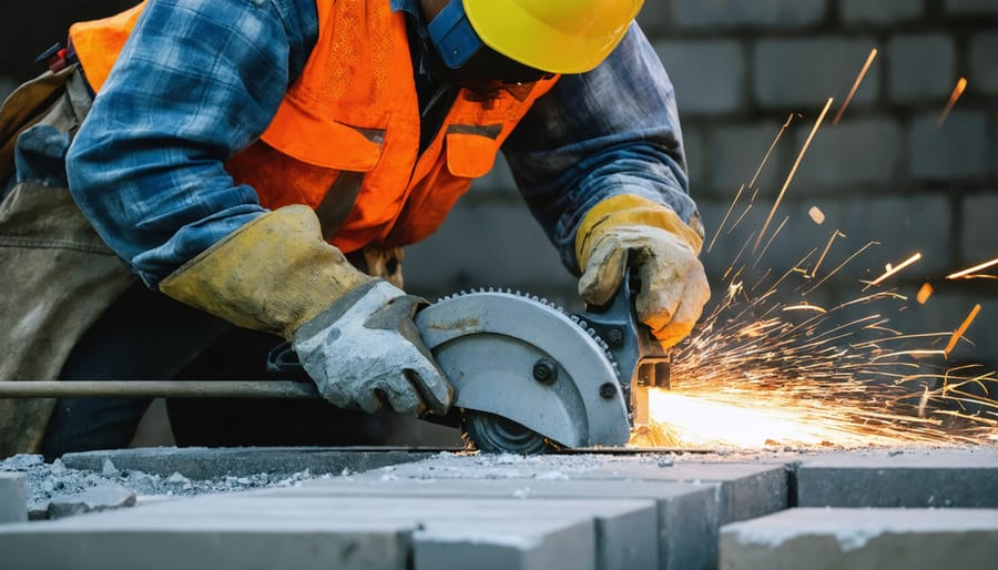 Construction worker wearing proper PPE while cutting stone with fire safety equipment nearby