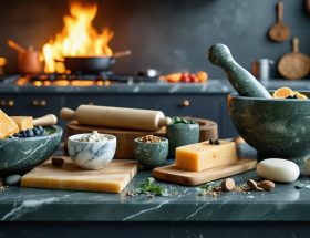 A luxurious kitchen display featuring granite mortar and pestle, marble rolling pins, and soapstone slabs, highlighting the integration of both ancient and modern cooking tools.