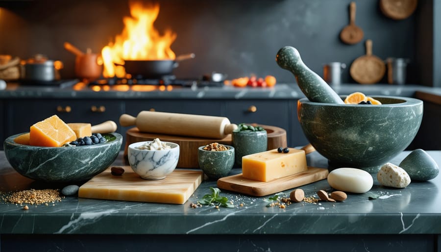 A luxurious kitchen display featuring granite mortar and pestle, marble rolling pins, and soapstone slabs, highlighting the integration of both ancient and modern cooking tools.