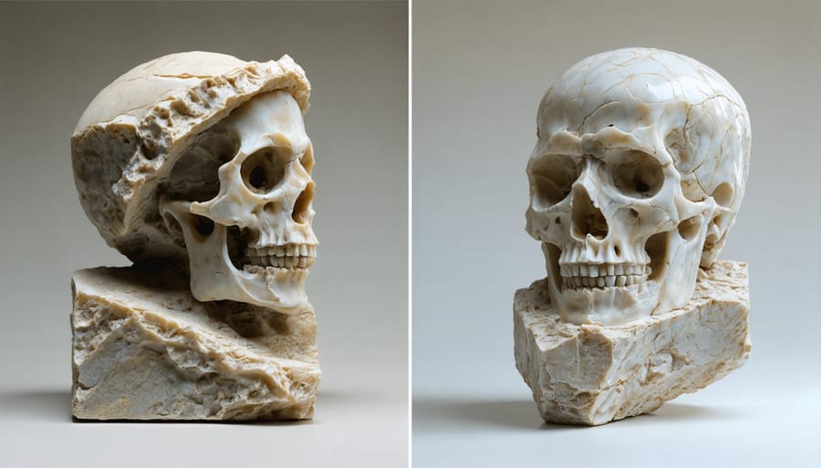 Comparison showing traditional chisels and mallets next to 3D scanner and tablet interface
