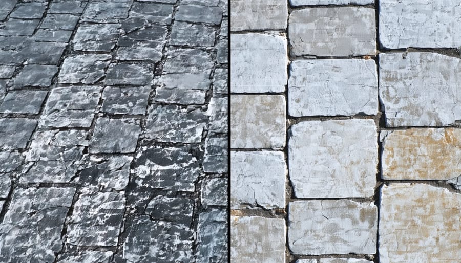 Before and after comparison of stone surface restoration showing dramatic improvement