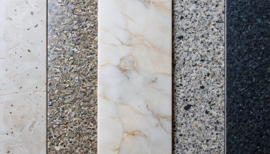 Different natural stone surface finishes demonstrating slip-resistant textures