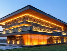 Illustration of a building with stone walls demonstrating heat absorption and release through thermal mass, showing energy efficiency via a gradient of warm to cool colors.