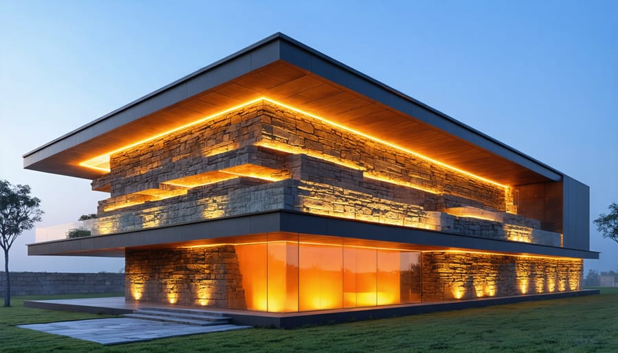 Illustration of a building with stone walls demonstrating heat absorption and release through thermal mass, showing energy efficiency via a gradient of warm to cool colors.