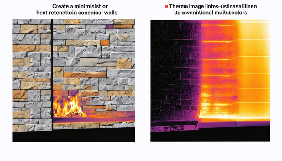 Split thermal image comparing temperature regulation between stone and standard building materials
