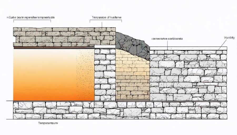 Technical illustration of stone wall thermal mass properties with temperature gradients