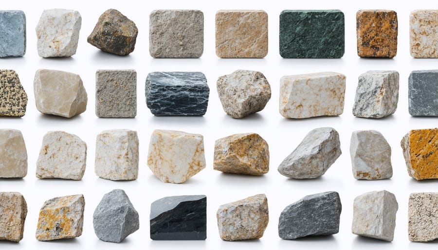 Various types of natural stone including marble, limestone, and granite with air quality benefit indicators