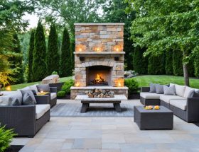Luxurious outdoor space with a traditional stacked stone fireplace, built-in seating, and ambient lighting, surrounded by lush landscaping.