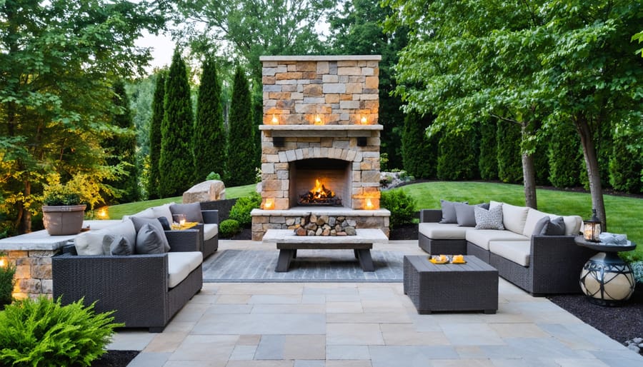 Luxurious outdoor space with a traditional stacked stone fireplace, built-in seating, and ambient lighting, surrounded by lush landscaping.