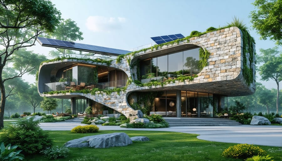 Modern building with a natural stone facade, integrated solar panels, and green roofs, showcasing sustainable architectural design within a natural setting.