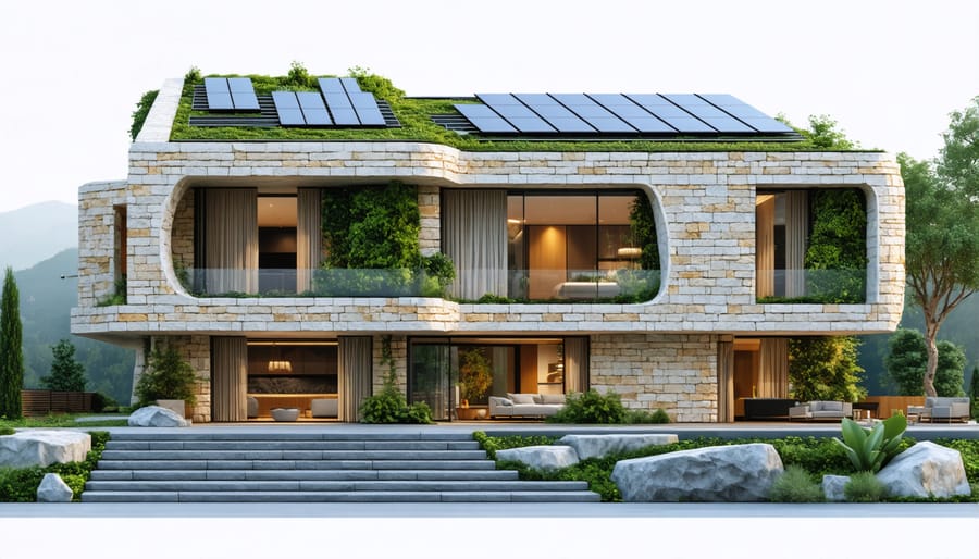 Contemporary eco-friendly building showcasing natural stone walls and sustainable design elements