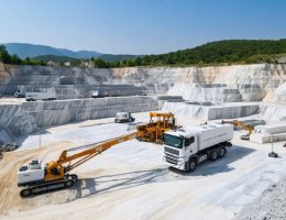 A modern marble quarry with advanced machinery and environmental monitoring systems, illustrating sustainable stone extraction practices.