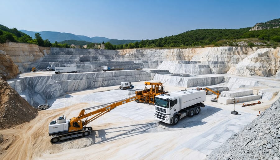 A modern marble quarry with advanced machinery and environmental monitoring systems, illustrating sustainable stone extraction practices.